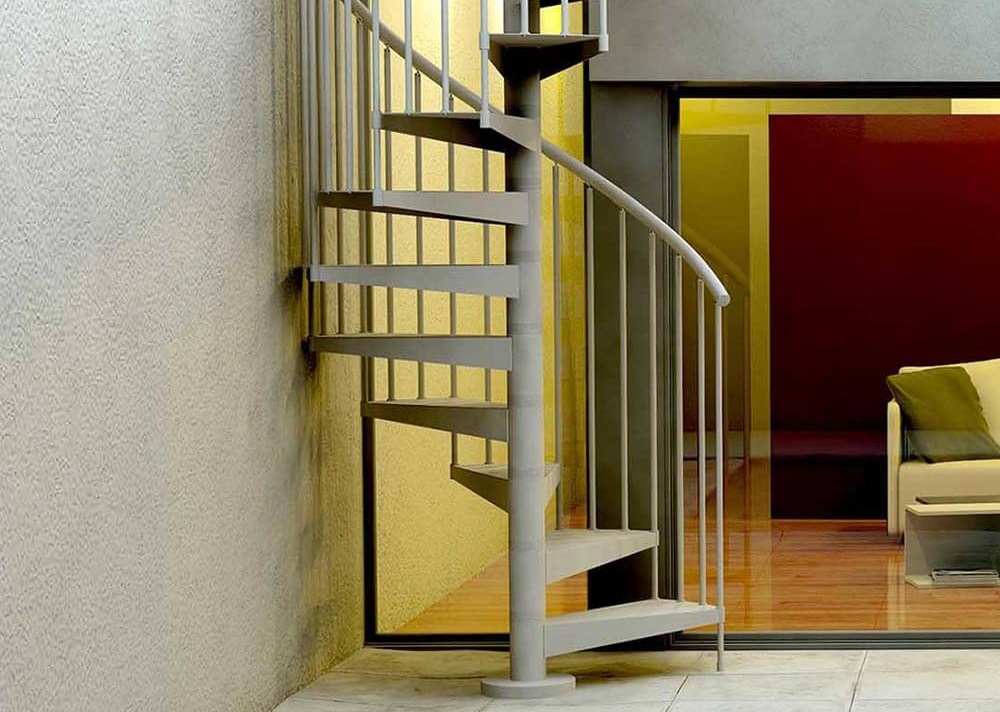 Portada Escalera de exterior galvanizada pintada bars 4 Escalera de caracol redonda con peldaños de madera RF20-R2, Rfserveis