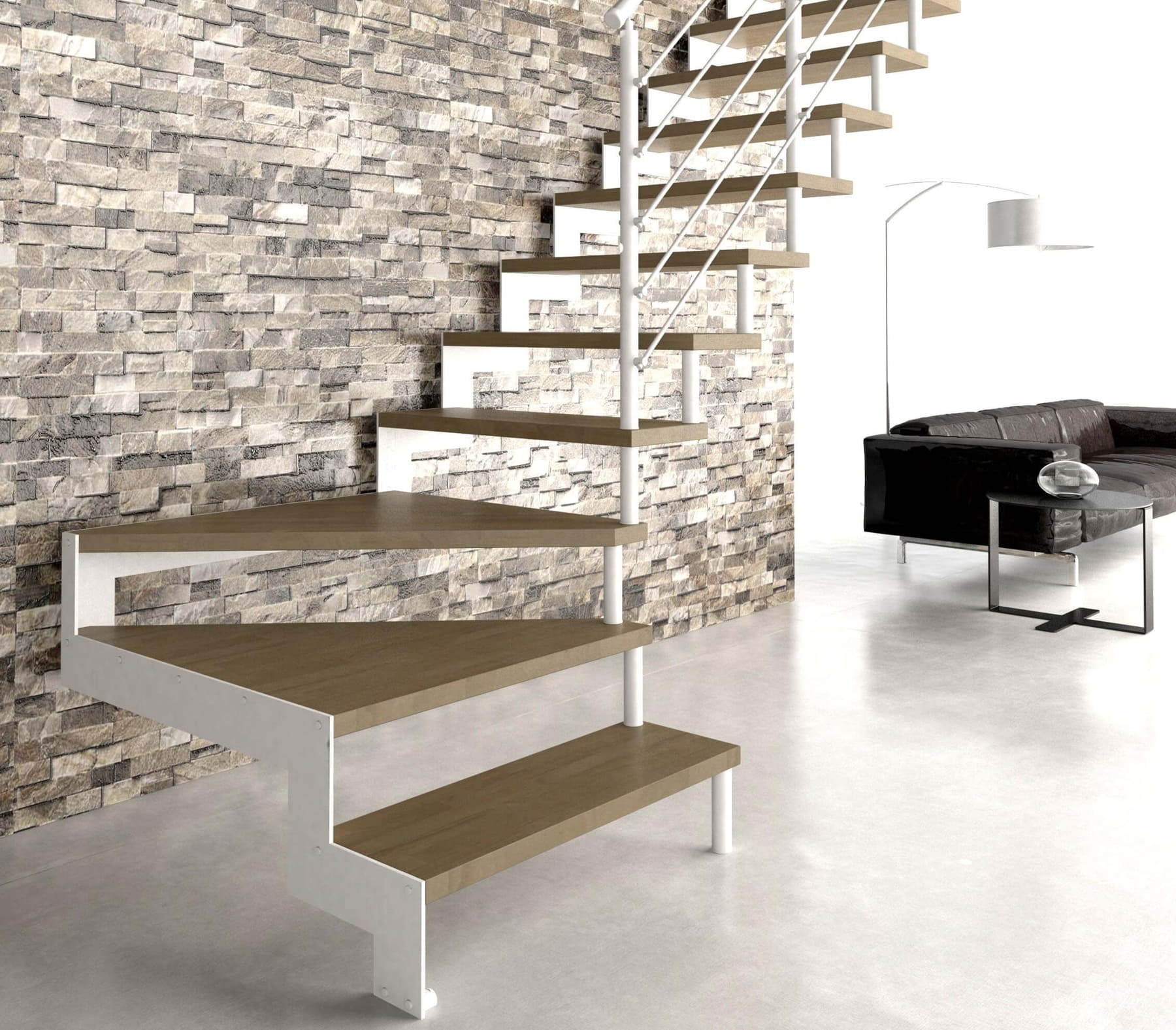 escalera zanca lateral unica con peldaños de madera y barandilla de varillas en horizontal Barandilux barcelona