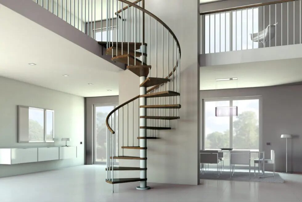 Escaleras de caracol metálica con peldaños y pasamanos de madera Barandilux barcelona