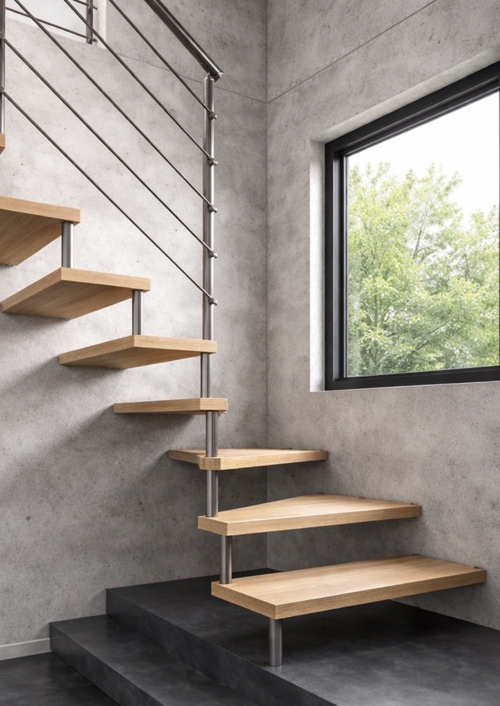 Escalera volada pelsañso de madera y barandilla metalica by Barandilux